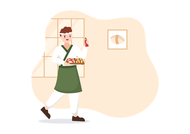 Japan male holding sushi dish  Illustration