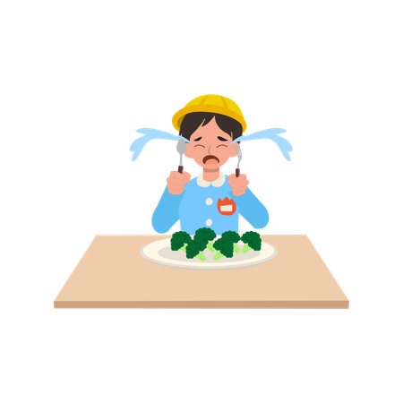 Japanese boy in kindergarten uniform refusing healthy food vegetables  Illustration