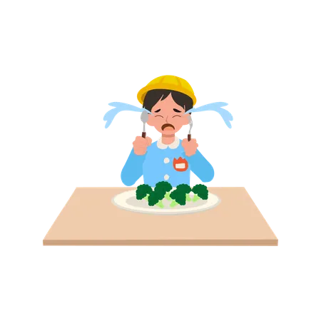 Japanese boy in kindergarten uniform refusing healthy food vegetables  Illustration