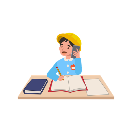 Japanese boy using mobile phone while completing homework at school desk  Illustration