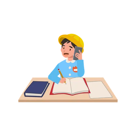 Japanese boy using mobile phone while completing homework at school desk  Illustration