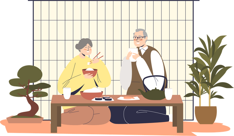 Japanese couple having dinner Illustration