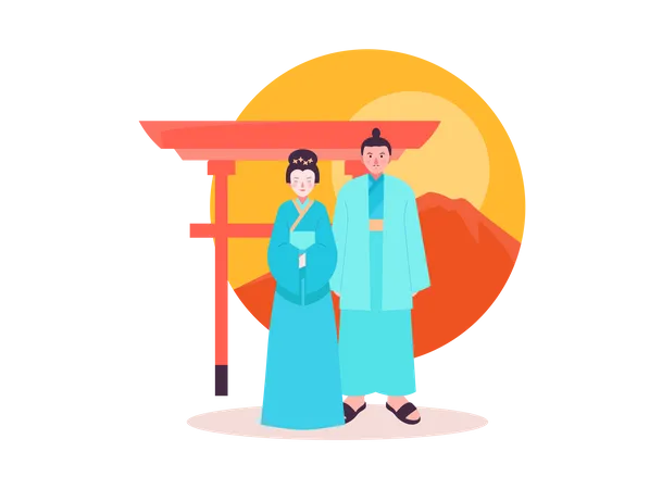 Japanese couple in traditional clothes Illustration