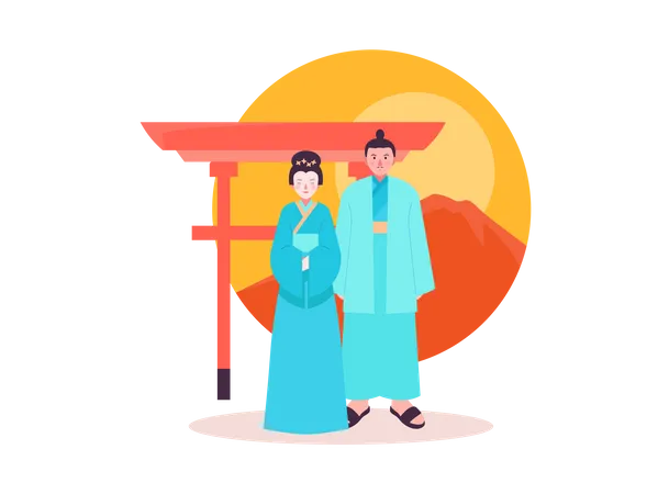 Japanese couple in traditional clothes  Illustration