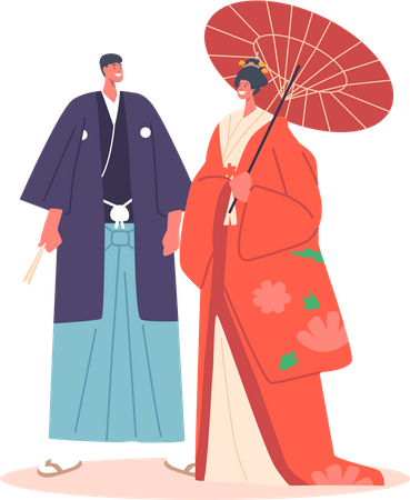 Japanese Couple Wear Traditional Costume  Illustration