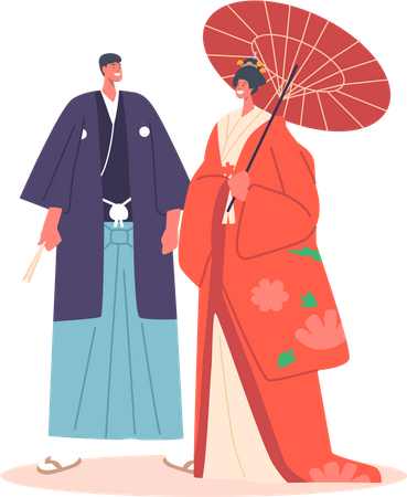 Japanese Couple Wear Traditional Costume  Illustration