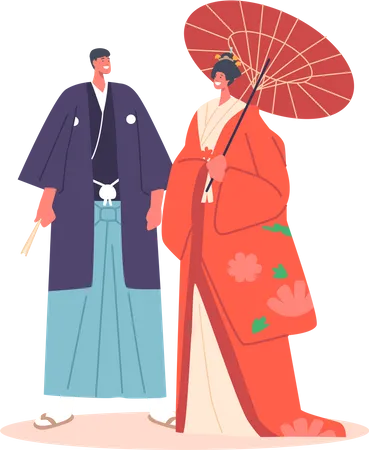 Japanese Couple Wear Traditional Costume  Illustration