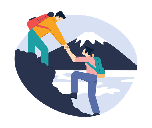 Japanese couple with backpack climbing mountain  Illustration
