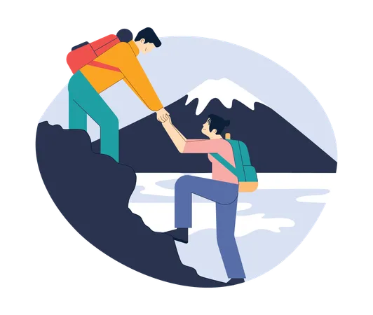 Japanese Couple With Backpack Climbing The Mountain Outdoor Active And Extreme Lifestyle People Backpackers Hiking Flat Vector Illustration Illustration