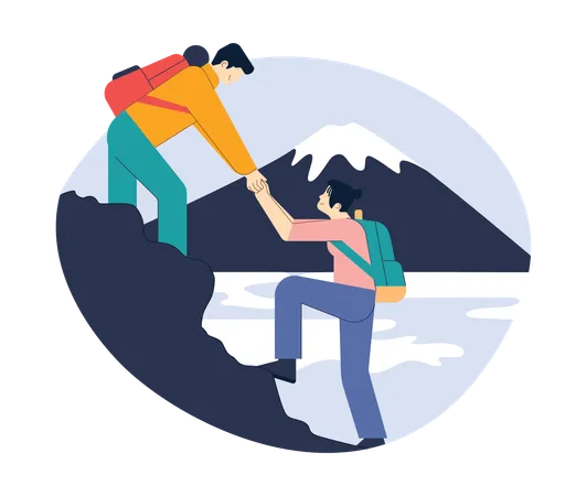 Japanese couple with backpack climbing mountain  Illustration