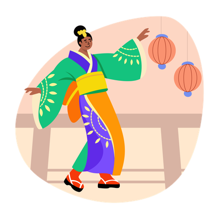 少女が日本舞踊を披露  イラスト