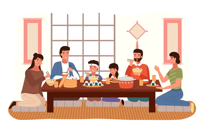 Japanese family eating food together  Illustration