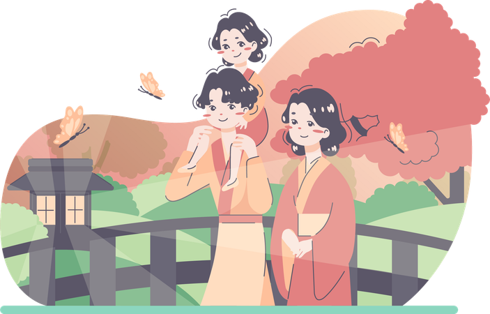 Japanese family going outing  イラスト