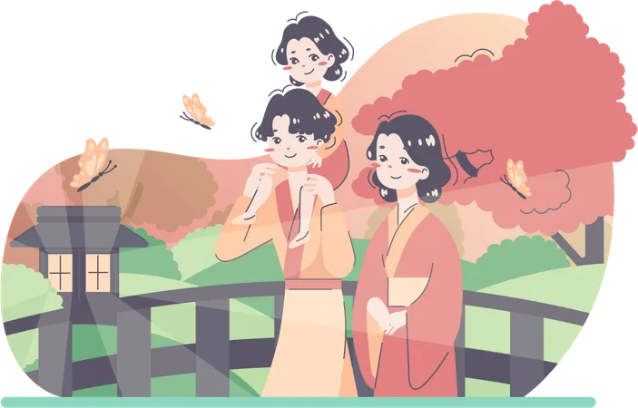 Japanese family going outing  Illustration