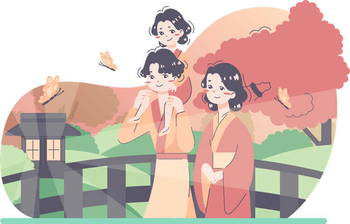 Japanese family going outing  일러스트레이션