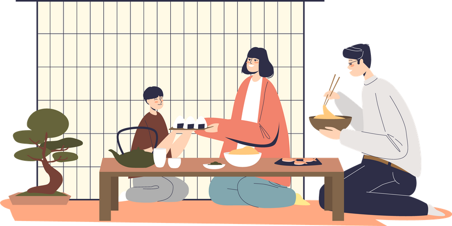 Japanese family having dinner  Illustration