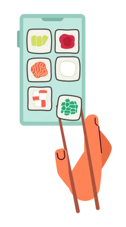 Japanese Fast Food Order Online Flat Concept Vector Spot Illustration Editable 2 D Cartoon First View Hand On White For Web UI Design Sushi Creative Hero Image For Website Landings Mobile Headers Illustration