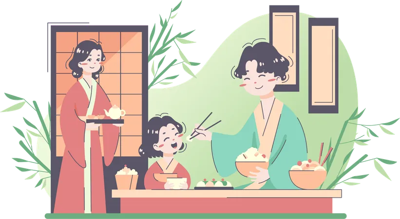 Japanese father feed his girl child  イラスト