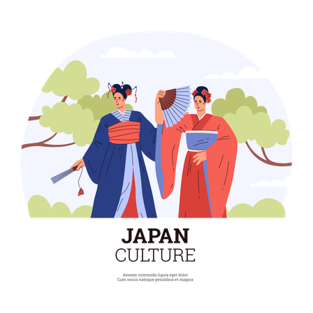 Japanese garden and kimono women  Illustration