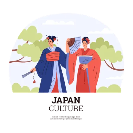 Japanese garden and kimono women  Illustration