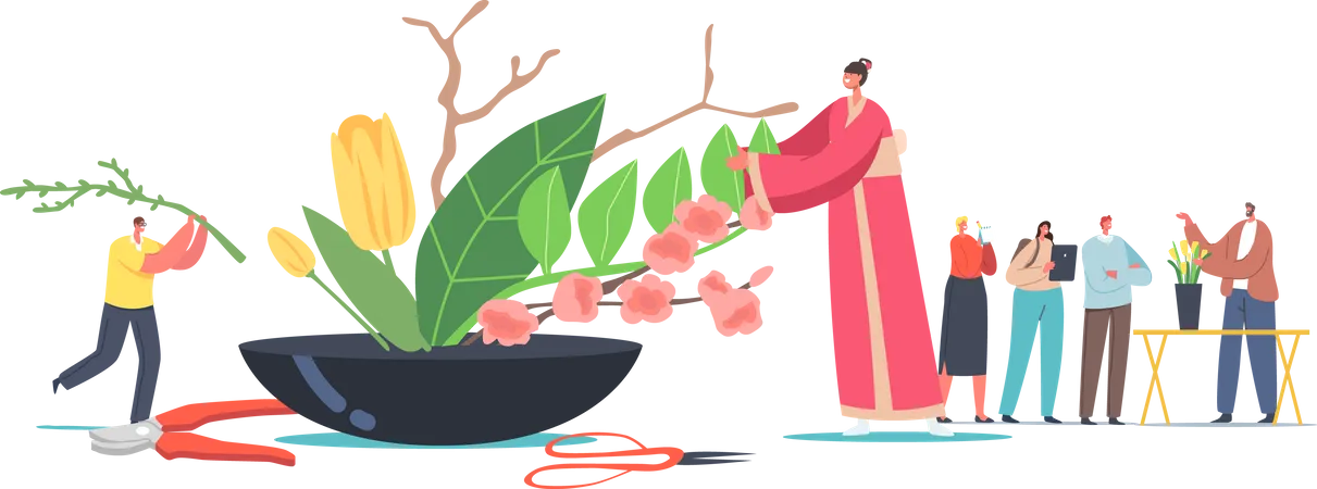 Japanese Ikebana Concept Tiny Female Character In Traditional Japan Kimono Create Beautiful Floristic Composition Of Flowers And Plants Asian Culture And Art Cartoon People Vector Illustration Illustration
