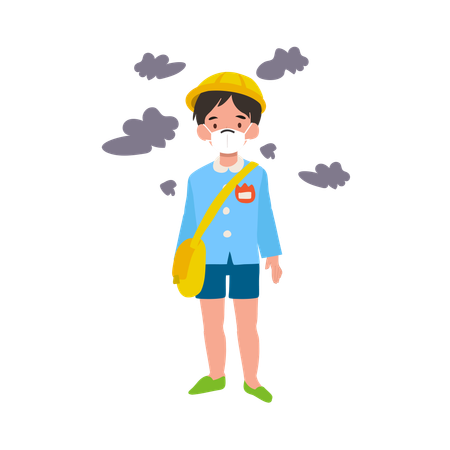 Japanese kindergarten boy in uniform wearing protective mask against air pollution  Illustration