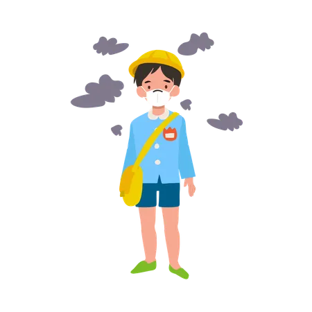 Japanese kindergarten boy in uniform wearing protective mask against air pollution  Illustration