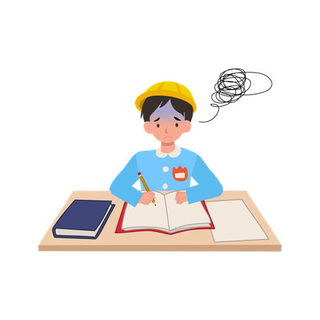 Japanese kindergarten boy struggling with difficult homework in school desk  Illustration