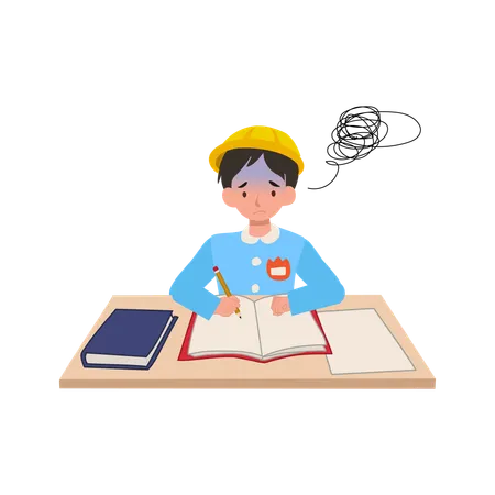 Japanese kindergarten boy struggling with difficult homework in school desk  Illustration