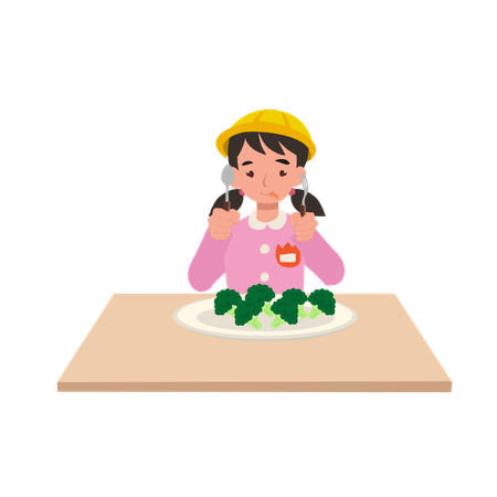 Japanese kindergarten girl eating broccoli with happiness enjoying healthy food  Illustration