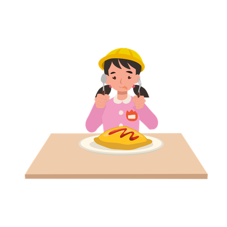 Japanese kindergarten girl eating rice with egg , omu rice  Illustration