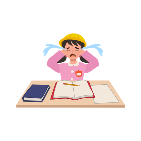 Japanese kindergarten girl in uniform sits at her desk crying, resisting school activities  Illustration