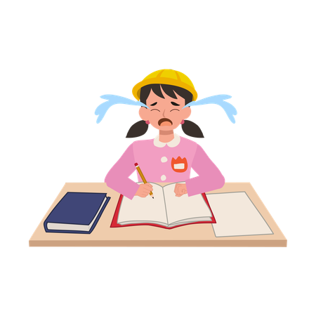 Japanese kindergarten girl in uniform sits at her desk crying, resisting school activities  Illustration