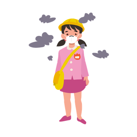 Japanese Kindergarten Girl in Uniform Wearing Protective Mask Against Air Pollution  Illustration