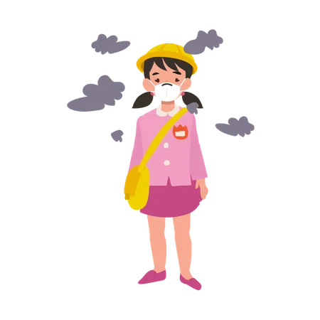 Japanese Kindergarten Girl in Uniform Wearing Protective Mask Against Air Pollution  Illustration