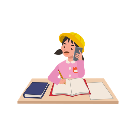 Japanese kindergarten girl multitasking with phone and homework at school desk  Illustration