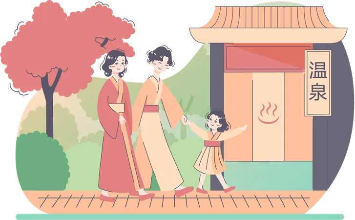 Japanese little girl going to cafe with parents  イラスト