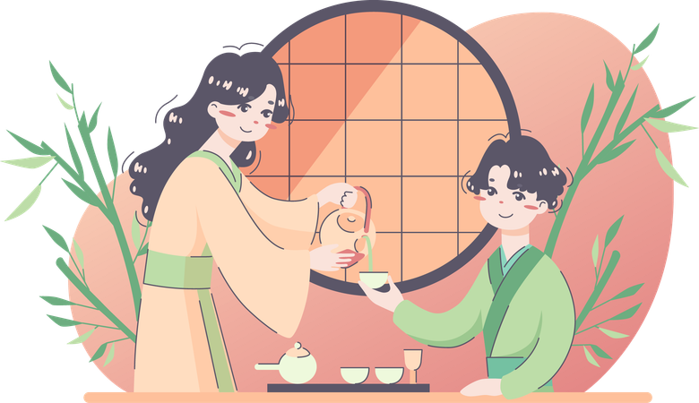 Japanese mother giving tea to her son  일러스트레이션