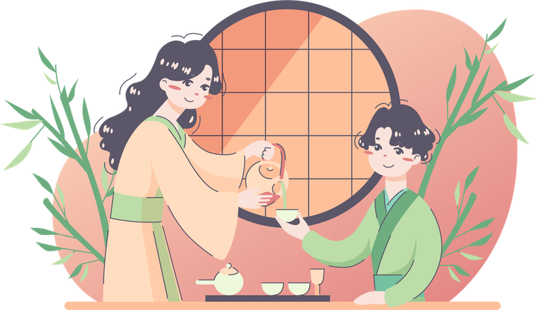 Japanese mother giving tea to her son  일러스트레이션