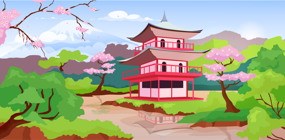 Japanese pagoda and Fuji Mount Illustration