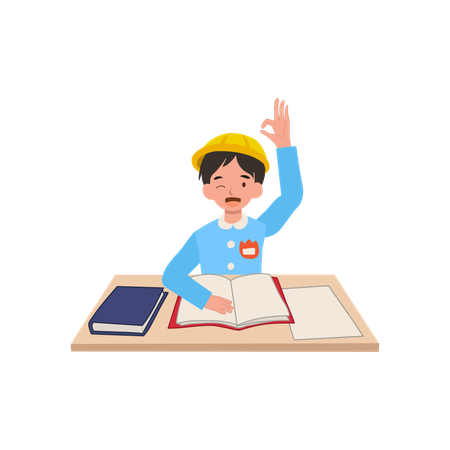 Japanese preschool boy in kindergarten uniform raising hand showing ok gesture in classroom  Illustration