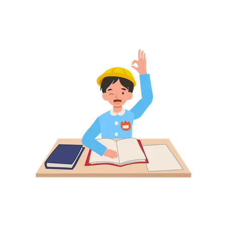 Japanese preschool boy in kindergarten uniform raising hand showing ok gesture in classroom  Illustration