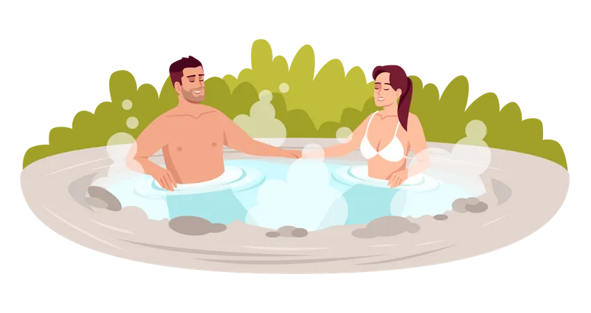 Japanese Spa Resort Semi Flat RGB Color Vector Illustration Hot Springs For Couple Relaxation Hot Steam Outdoor Bathtub Boyfriend And Girlfriend Isolated Cartoon Characters On White Background Illustration