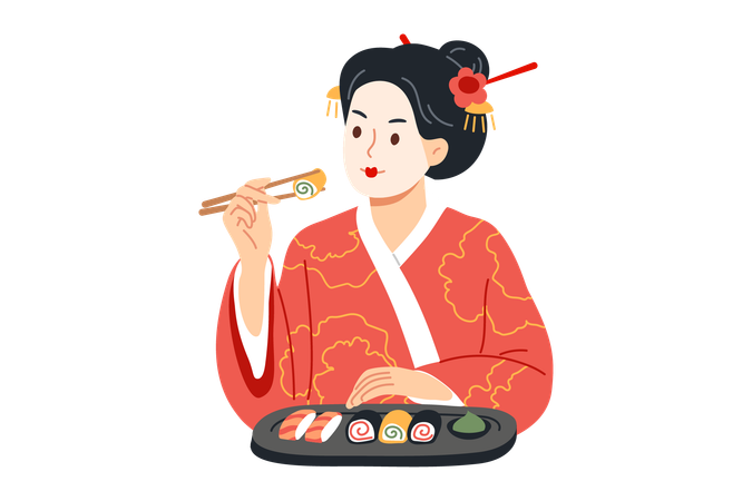 Japanese woman eats sushi with chopsticks enjoying taste of maki rolls made from rice and fish  イラスト