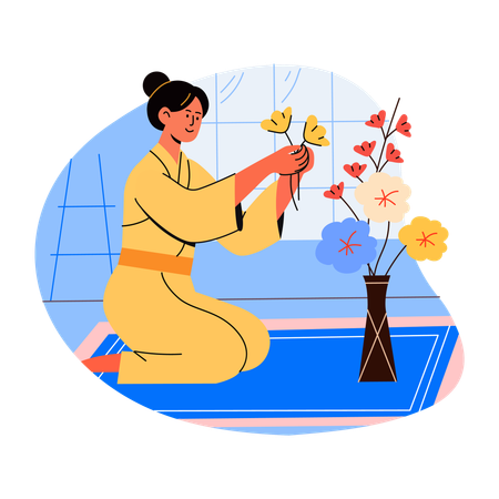 Japanese Woman making flower arrangement  Illustration