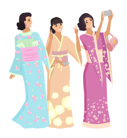 Japanese women clicking selfie together  일러스트레이션