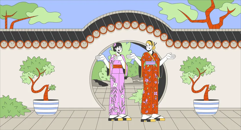 Turistas femininas do Japão em frente ao arco do portão lunar  Ilustração