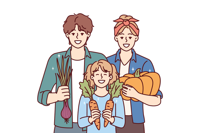 Famille de jardiniers posant avec des légumes biologiques cultivés dans leur propre ferme et se réjouissant d'une bonne récolte  Illustration
