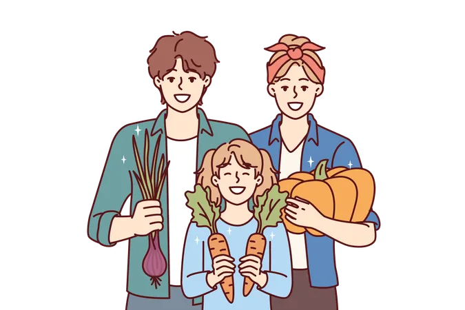 Famille de jardiniers posant avec des légumes biologiques cultivés dans leur propre ferme et se réjouissant d'une bonne récolte  Illustration