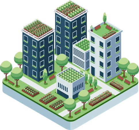 Jardinagem urbana com jardim na cobertura e na varanda  Ilustração